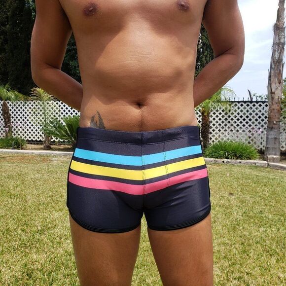 Men's Sexy Striped Swimwear Trunks Resort Shorts Black XL - Picture 2 of 5